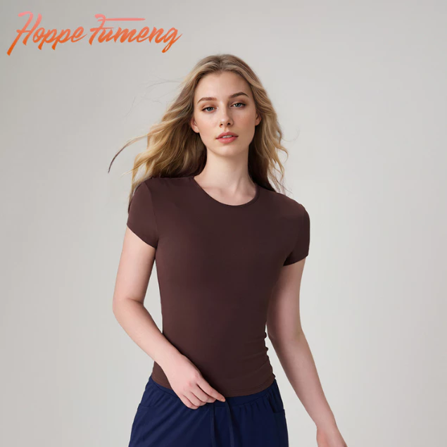Hoppe Fumeng ขายร้อนแฟชั่นฟิตเนสผู้หญิงแขนสั้นสบายๆกีฬาเสื้อยืดโยคะ tops