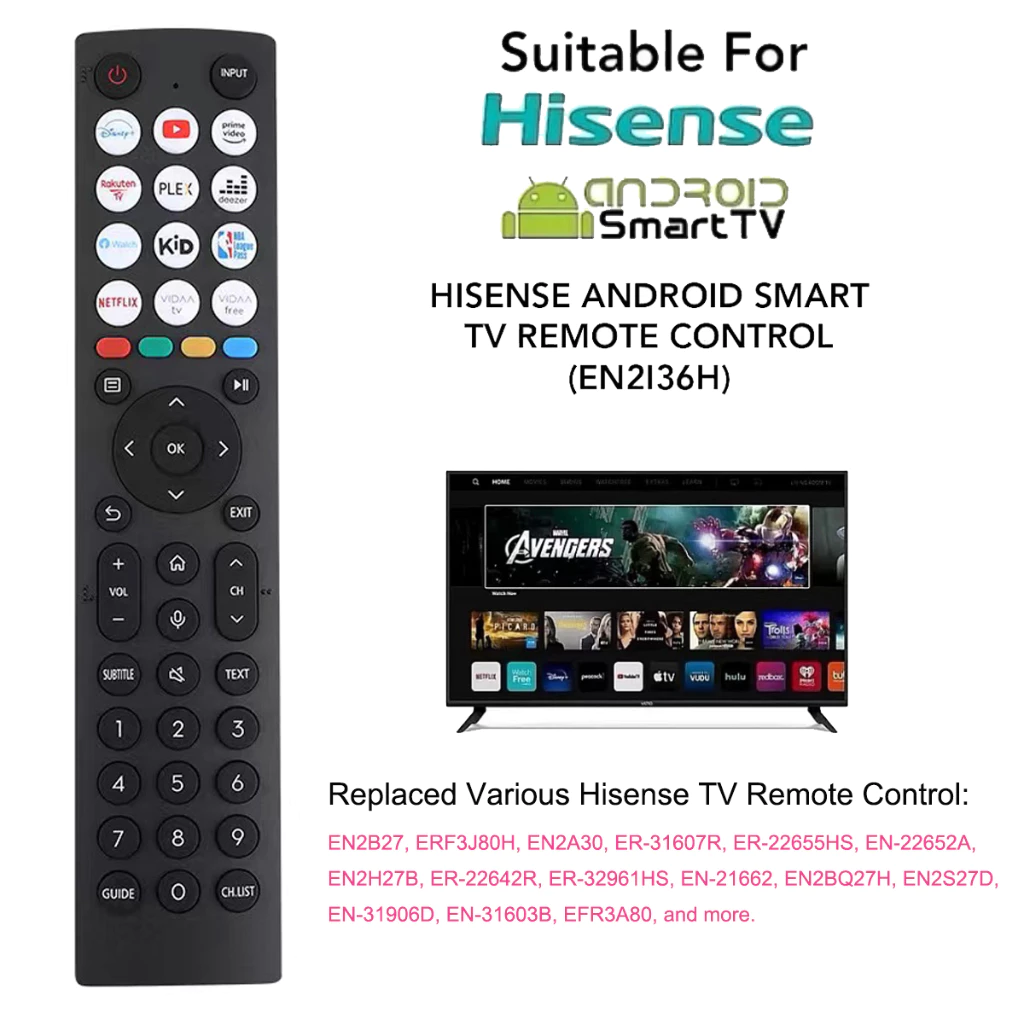 ทดแทนสําหรับ Hisense android สมาร์ททีวีรีโมทคอนโทรลเข้ากันได้กับ Hisense VIDAA TV 40A4KV 32A4KV 43A4KV - ไม่ต้องตั้งค่า