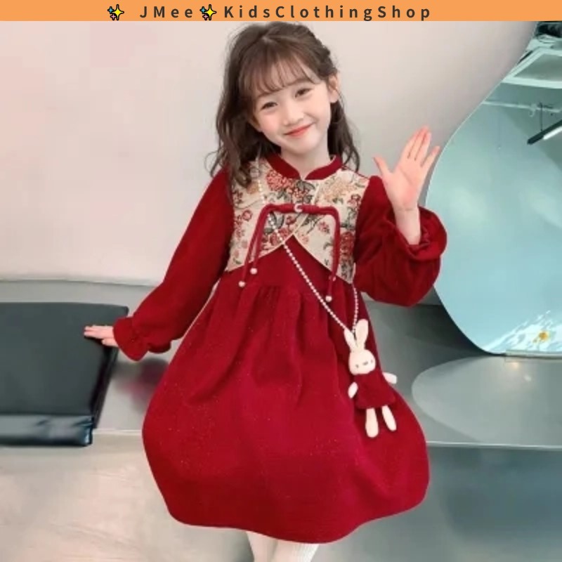 [สปอต] 3-14 ปี ชุดเดรสสาว, Cheongsam สำหรับสาว, ชุดแฟชั่นเด็กคริสต์มาส, ชุดเดรสแขนยาวสำหรับสาว, ชุดเดรสสีแดงสำหรับสาว ๆ ที่มีความสุขในประเทศจีน