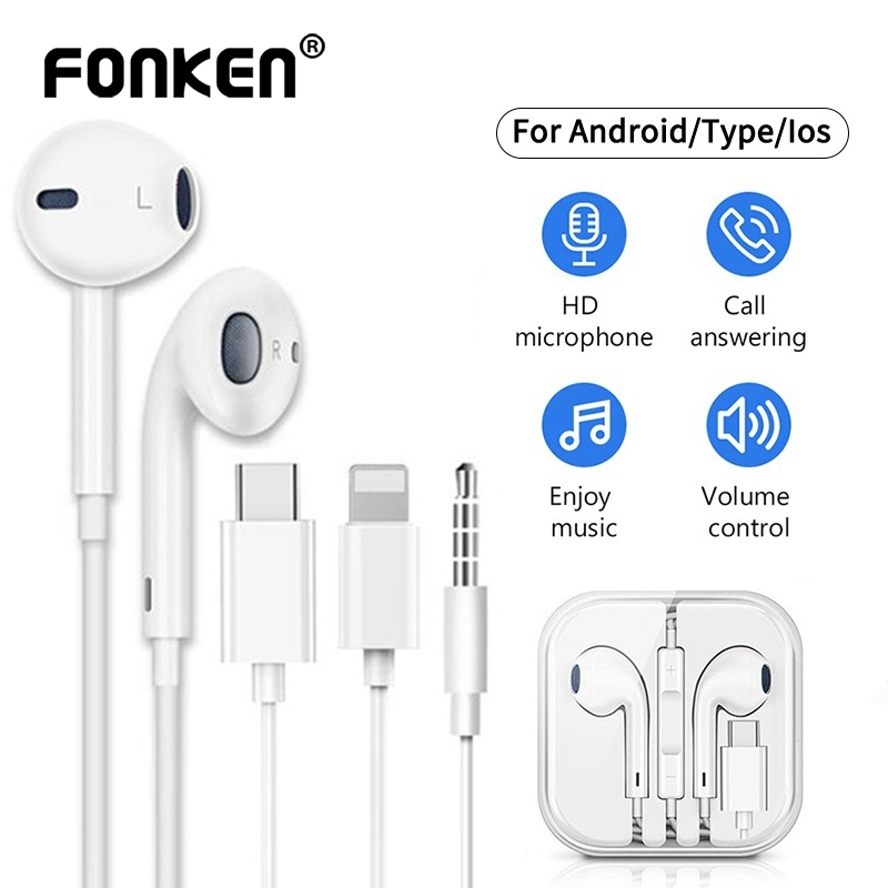 Fonken หูฟังแบบมีสาย 3.5 มม./iOS/Type-C In-Ear พร ้ อมหูฟังไมโครโฟน For iP 15 16 Series