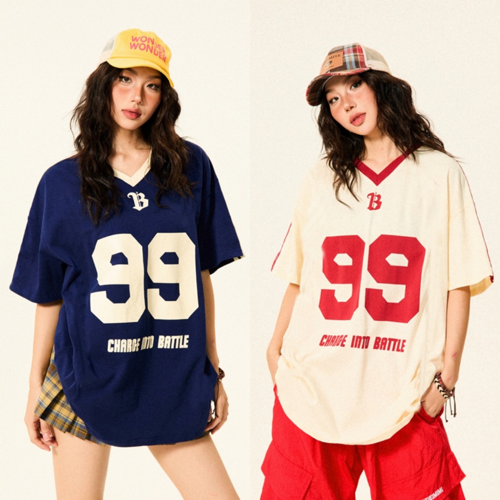 Betty house พร้อมส่ง เสื้อยืดแขนสั้นผู้หญิง เสื้อยืดเบสบอล oversize พิมพ์ตัวอักษร ย้อนยุค สไตล์อเมริกัน