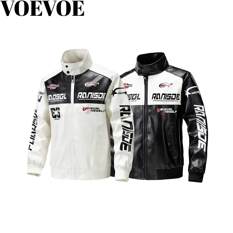 Voevoe เสื้อแจ็คเก็ตหนังผู้ชาย PU เสื้อแจ็คเก็ตมอเตอร์ไซค์แฟชั่นกันลม