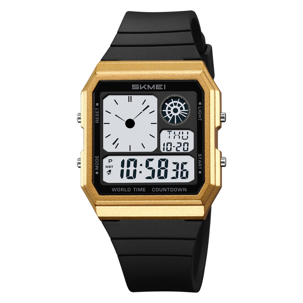 Skmei 2347 แฟชั่นกีฬาสันทนาการ Man กันน้ํา Dual Display Chronograph Alarm วันที่ El Light นับถอยหลัง ABS Case TPU Strap Square Dial Design นาฬิกาข้อมือชาย