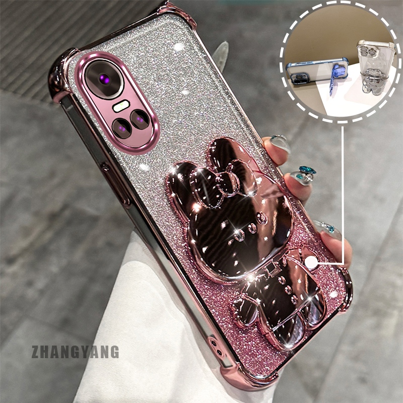 สําหรับ OPPO RENO 10 5G RENO 10 Pro 5G ประกายแป้งสี่มุมไฟฟ้า anti drop เคสโทรศัพท์ความงามการ์ตูน 3D กระต่ายวงเล็บ TPU นุ่ม