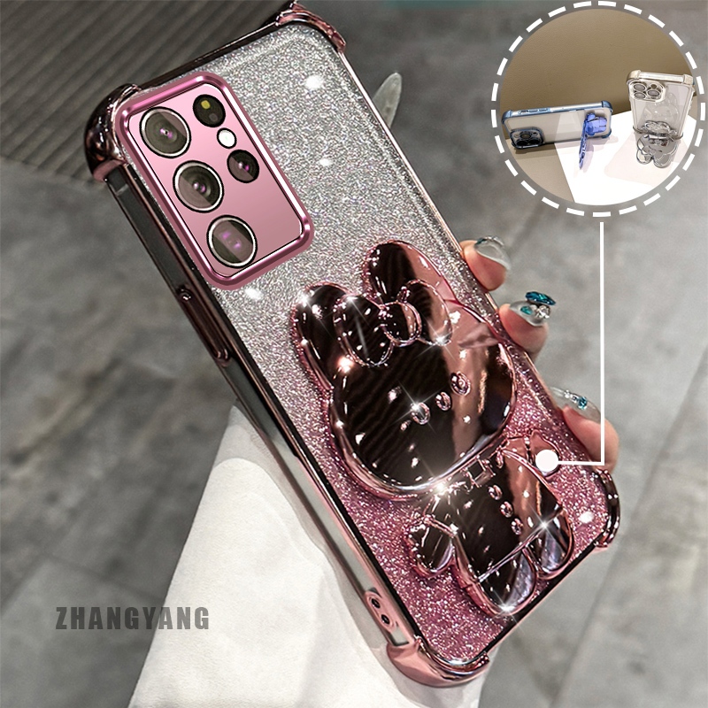 SAMSUNG สําหรับsamsung S23 S23 Plus S23 Ultra S23 FEประกายแป้งสี่มุมไฟฟ้าAnti Dropเคสโทรศัพท์ความงามการ์ตูน 3Dกระต่ายวงเล็บTPU soft case