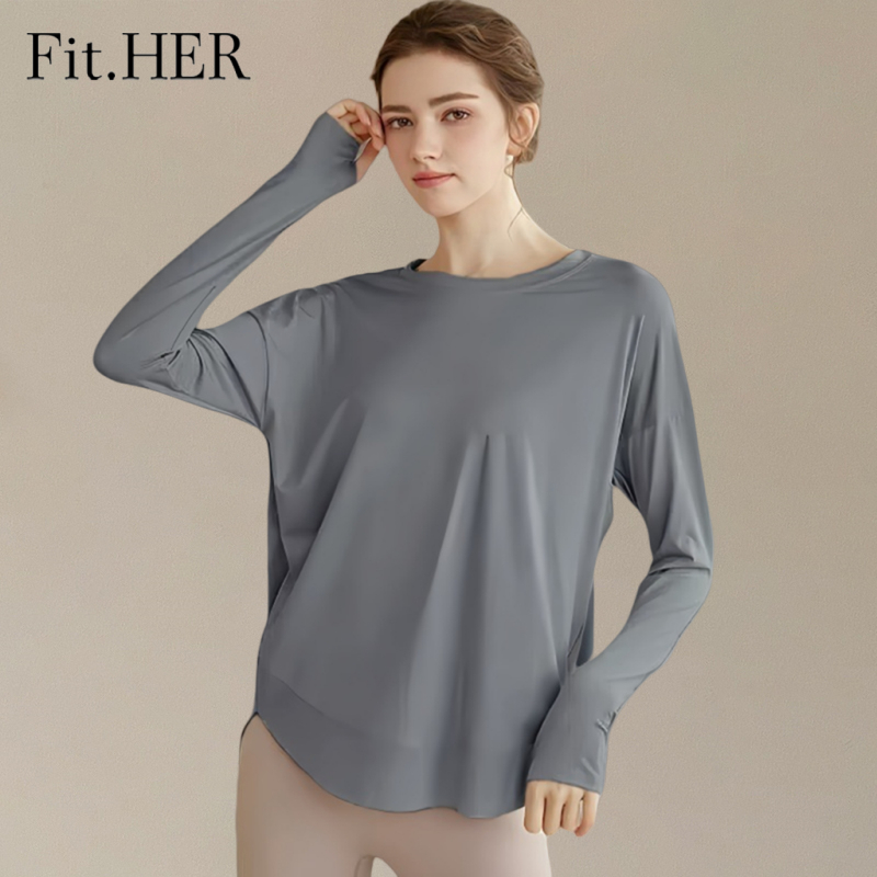 Fit.her เสื้อกีฬาผู้หญิงแขนยาวแห้งเร็วเสื้อยืดวิ่ง Hoodie Gym Netflix หลวมเสื้อผ้าโยคะ