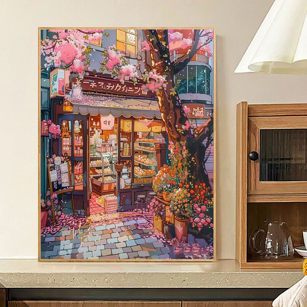 【ORFON】40×50cm ระบายสีตามตัวเลข/ภาพวาดผ้าใบ/ร้านขายของชำในฝันสีชมพู/ภาพวาด/ศิลปะ/ภาพแต่งห้อง