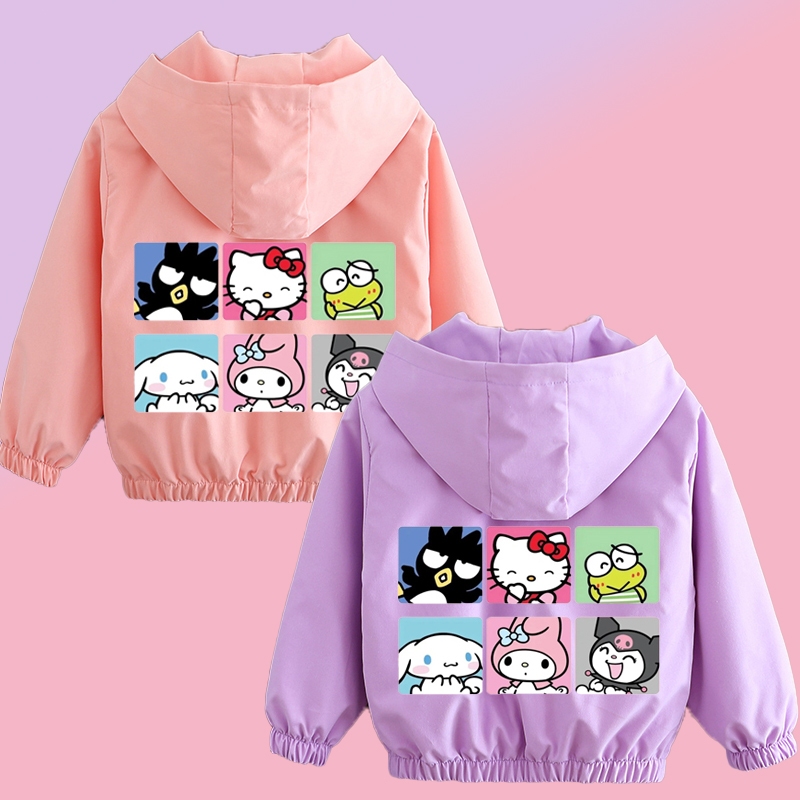 SANRIO แจ็คเก็ตสาววัยรุ่น 2024 เด็กใหม่ ซานริโอ การ์ตูนพิมพ์คลุมด้วยผ้าเสื้อกันลมฤดูใบไม้ผลิฤดูใบไม้ร่วงเด็กแฟชั่นน่ารักซิปเสื้อวอร์ม