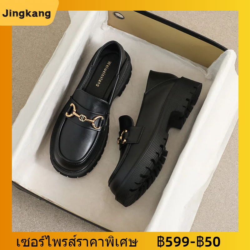 【34-43】พลัสขนาด รองเท้าโลฟเฟอร์พื้นหนาสําหรับผู้หญิงเพิ่มความสูงรองเท้าหนังสไตล์อังกฤษย้อนยุค