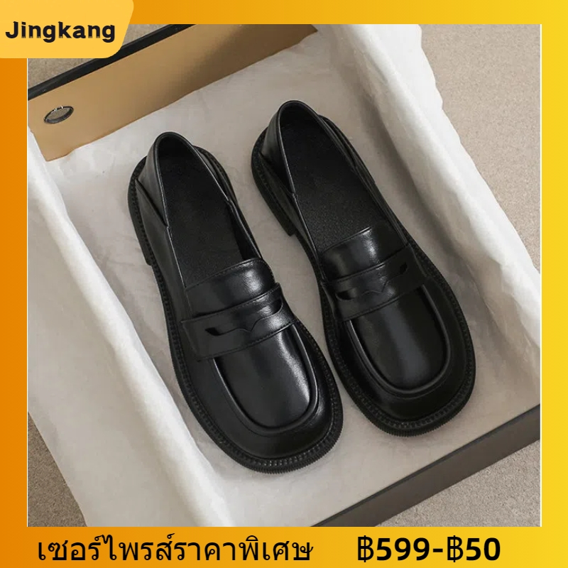 【35-43】รองเท้าหนัง ส้นหนา หัวกลม ขนาดเล็ก สีดํา สไตล์อังกฤษ แฟชั่นฤดูใบไม้ผลิ และฤดูใบไม้ร่วง