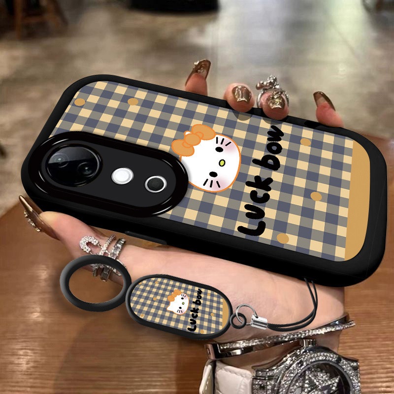 สําหรับ Vivo V40 X200 Pro V29 V21 5G กรณี Vivo V40 V30 V27 Pro ตรวจสอบ KT Hello Kitty พัฟเคสโทรศัพท์ซิลิโคนเหลวเลนส์ Precision Hole Full Wrap Anti-Drop