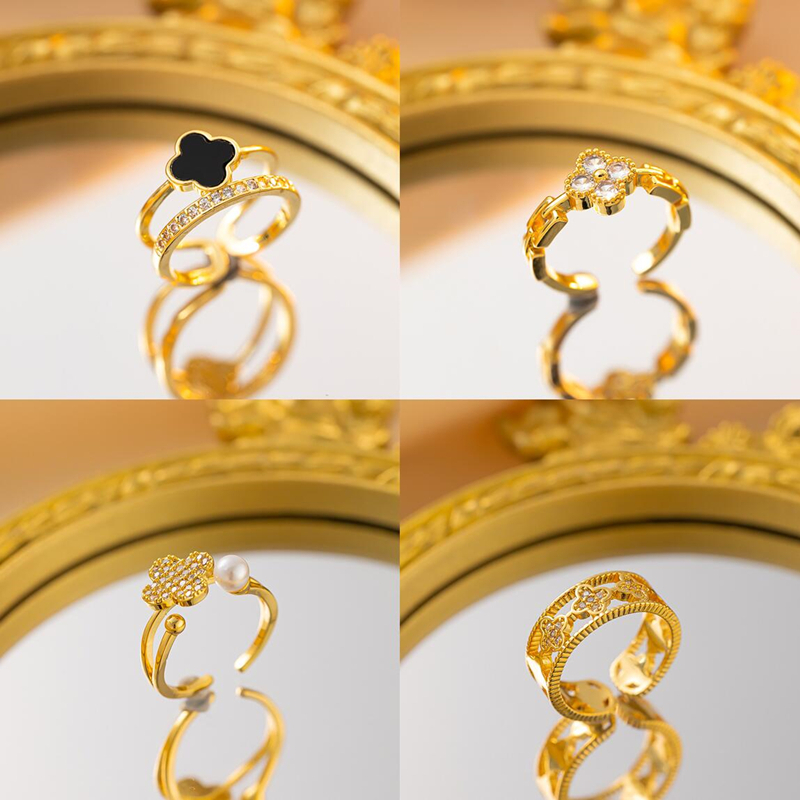 Jushi Double Zirconia Lucky Clover แหวนทองแดงปรับของขวัญวันหยุดผู้หญิงเครื่องประดับอุปกรณ์เสริม