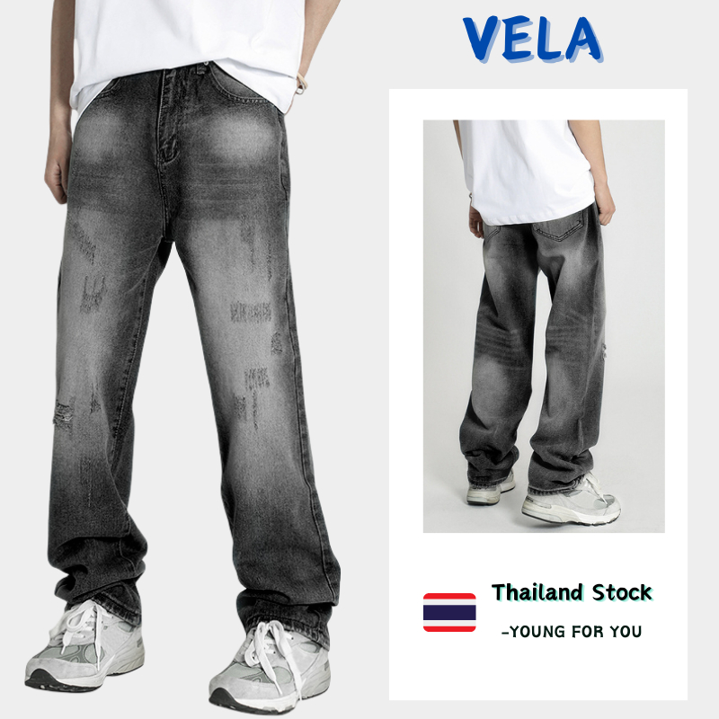 Vela-กางเกงยีนส์ยาวชาย ทรงกระบอก ใส่สบาย Straight Fit ไซส์ใหญ่ แฟชั่น ทรงหลวม ทรงลุง Jeans สไตล์อเมริกันวินเทจ ใส่สบาย ยีนส์ สีดำ