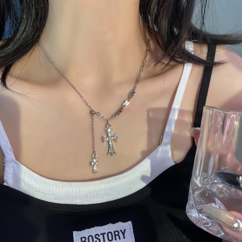 แฟชั่นคริสตัลข้ามจี้สร้อยคอเค้นคอโซ่เสื้อกันหนาวโซ่เครื่องประดับของขวัญสําหรับผู้หญิงอุปกรณ์เสริม