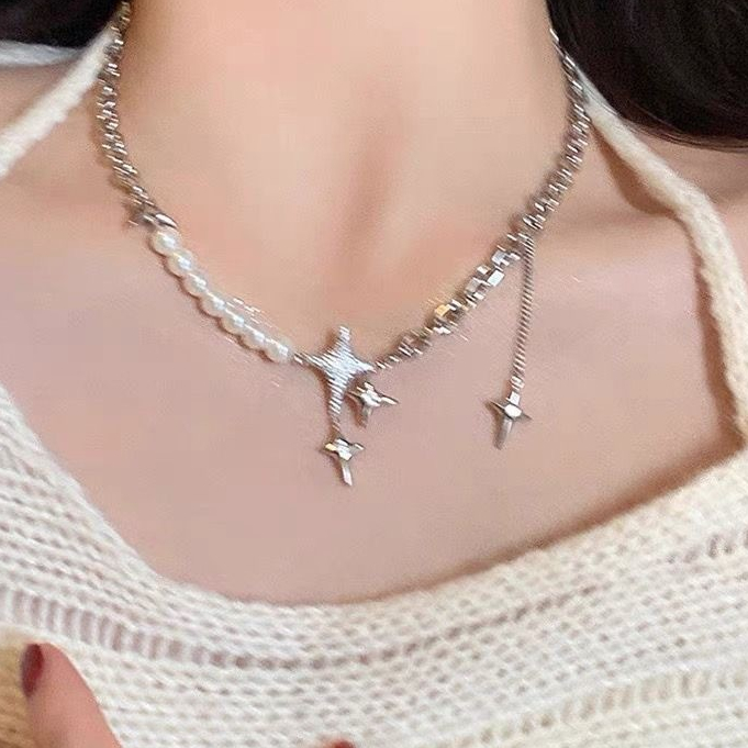 แฟชั่น Punk Bearded Star สร้อยคอ Pearl Choker Star สร้อยคอสั้นผู้หญิง Hip Hop เครื่องประดับของขวัญ
