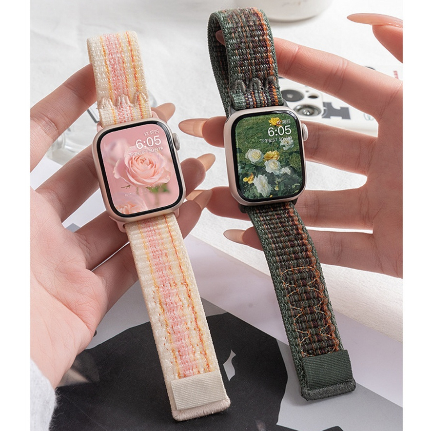 กีฬาไนลอน Velcro สายนาฬิกาสําหรับ Apple Watch S10/9/8/7/6/5/4/3/2/1 SE2 ULTRA breathable ผู้ชายผู้หญิงเปลี่ยนสร้อยข้อมือสําหรับ iwatch 49 มม.46 มม.45 44 42 41 40 38