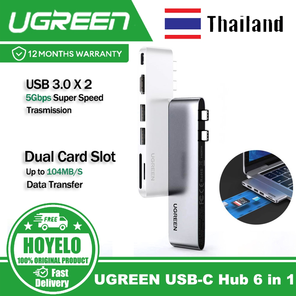 Ugreen ฮับ USB-C 6 in 1 เป็น HDMI Thunderbolt 3 SDCard Reader USB 3.0