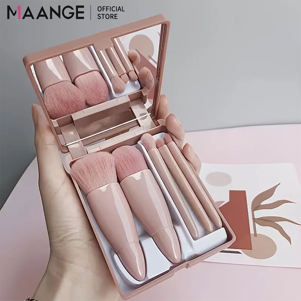 MAANGE ชุดแปรงแต่งหน้าคุณภาพสูง 5 ชิ้น พร้อมกล่องและกระจก ชุดอุปกรณ์แต่งหน้าพกพาสำหรับการเดินทาง