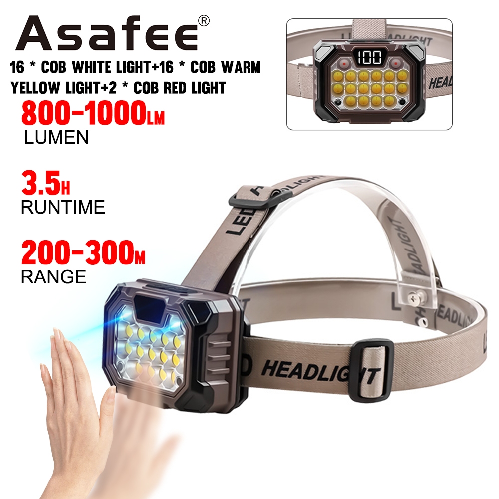 Asafee YD-09B ไฟหน้าเซ็นเซอร์ 1000LM ไฟหน้ากําลังสูงกลางแจ้ง Super Bright ไฟหน้าแบบชาร์จไฟได้