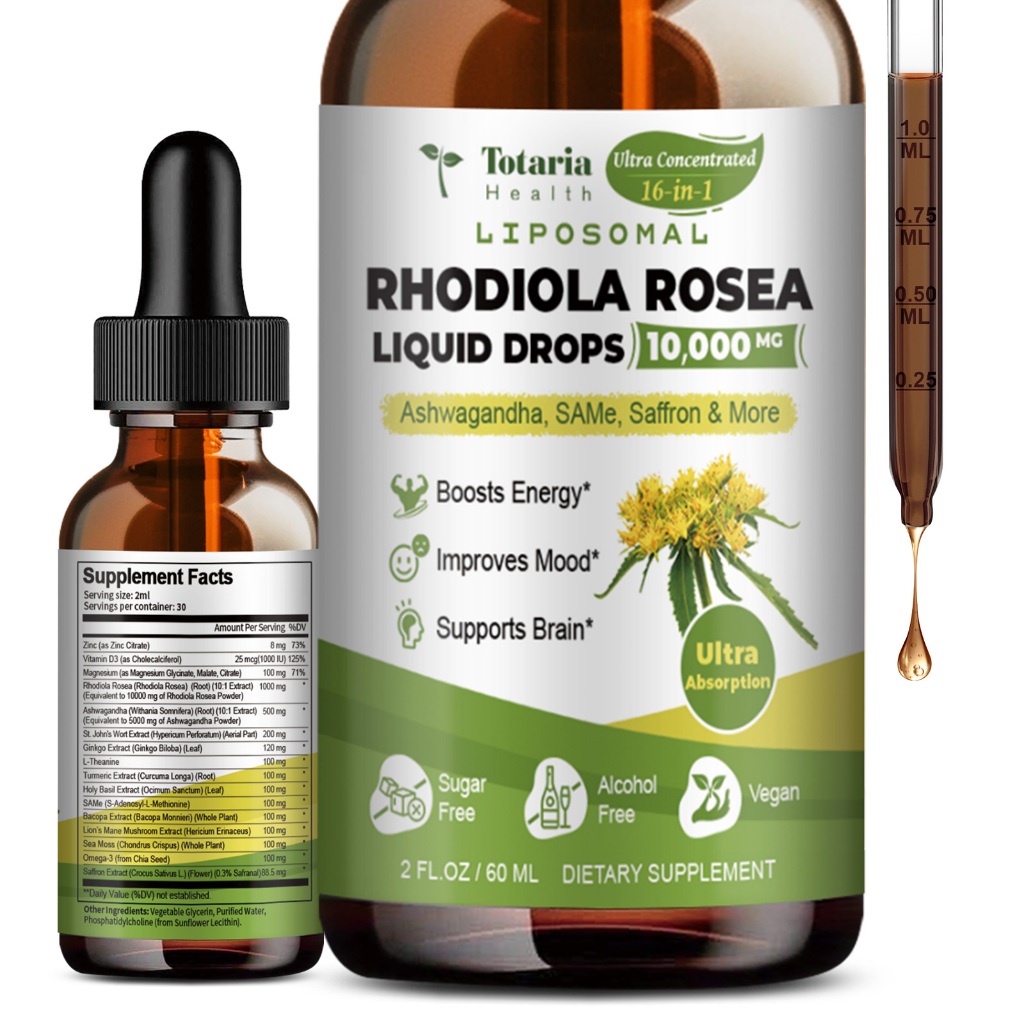 Totaria 16 In 1 Rhodiola Cortisol อาหารเสริม Ashwagandha L-Theanine Saffron Rhodiola Root Extract Liquid Drops เพื่อผ่อนคลาย Mood Energy