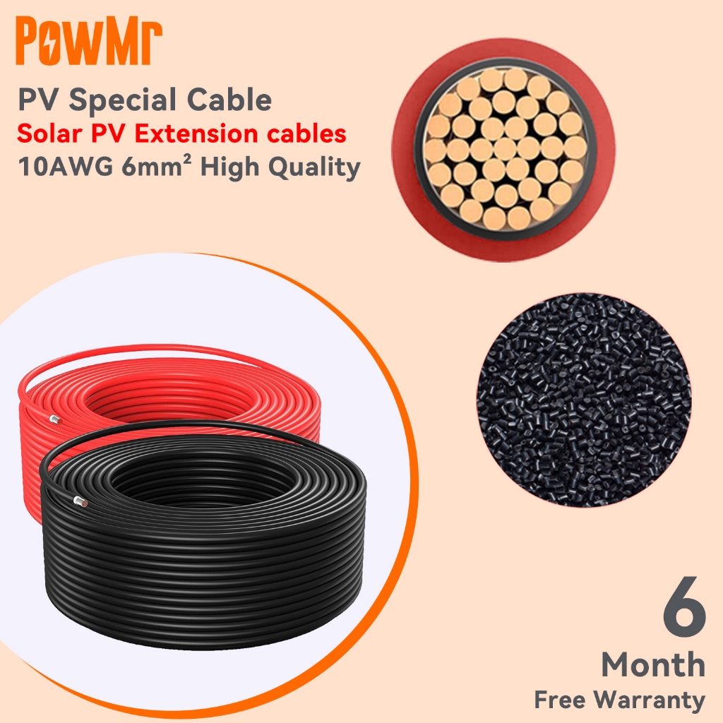 PowMr MC4X6 6mm² 3M/6M/9M/10M สีดํา / แดง 10AWG IP67 การเชื่อมต่อสายเคเบิลแผงโซลาร์เซลล์กันน้ําระบบสุริยะสายเคเบิลหุ้มฉนวน PVC สายเคเบิลคุณภาพสูง