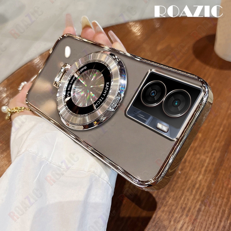 สําหรับ VIVO IQOO Z7x 5G หรูหราชุบขอบโปร่งใสเคสโทรศัพท์พร้อมขาตั้งวงกลมซิลิโคนอ่อนนุ่มป้องกันการล่มสลายปกหลัง SY05