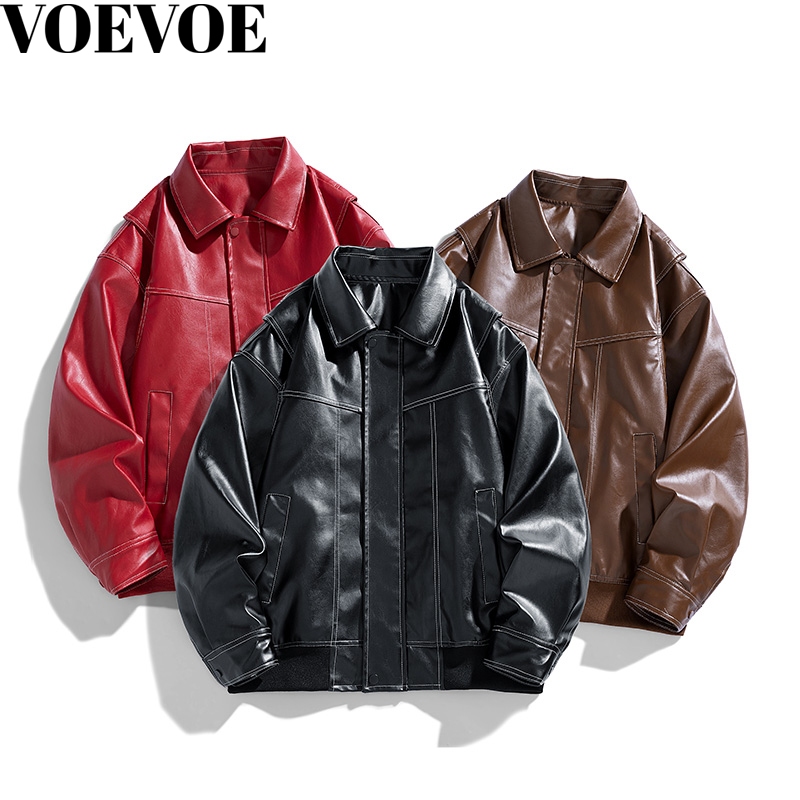 Voevoe เสื้อแจ็คเก็ตหนัง PU ผู้ชายกันลมเสื้อแจ็คเก็ตปกธรรมดา