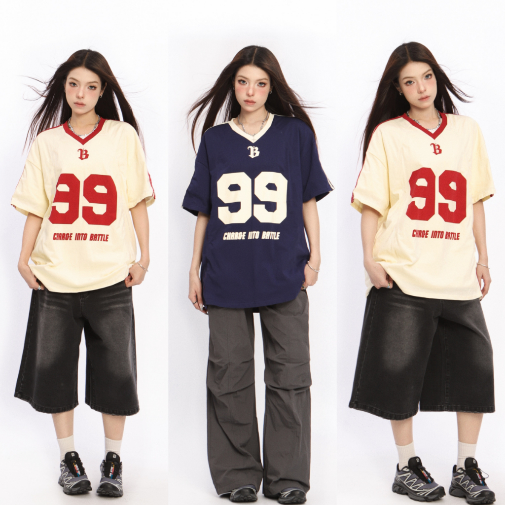 Luna Shop เสื้อยืดแขนสั้นคอวีอเมริกันประกบสำหรับผู้หญิงเสื้อกีฬาลำลองสไตล์ฤดูร้อน