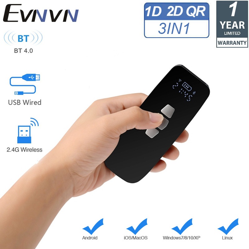 Evnvn 3-in-1 ผ่านบลูทูธ 2.4G ไร้สายและสาย USB 1D 2D Barcode Scanner, Mini Bar Code Reader พร้อมจอ LCD จอแสดงผลเวลา QR รหัสสแกนอัตโนมัติ