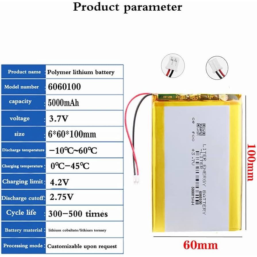 แบตเตอรี่ 6060100  3.7V  5000mAh  สำหรับอุปกรณ์อิเล็กทรอนิกส์ต่างๆ ติดตั้งตามขนาด
