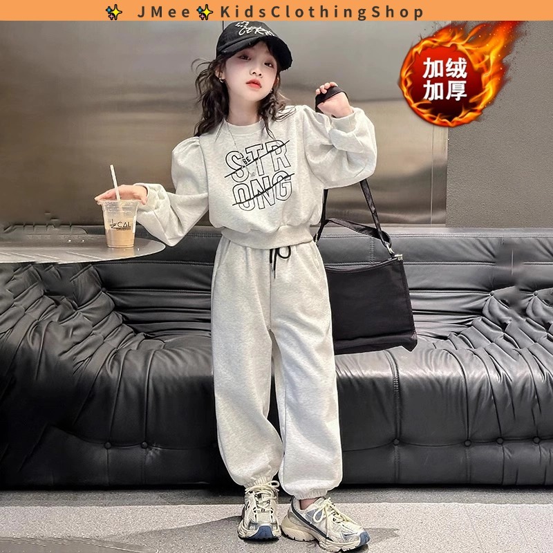 [สปอต] 3-14 ปี ชุดสาว,สาว Hoodie,ชุดกีฬา,กำมะหยี่ฤดูหนาวเด็กแฟชั่น,กางเกงเด็กสองชิ้น