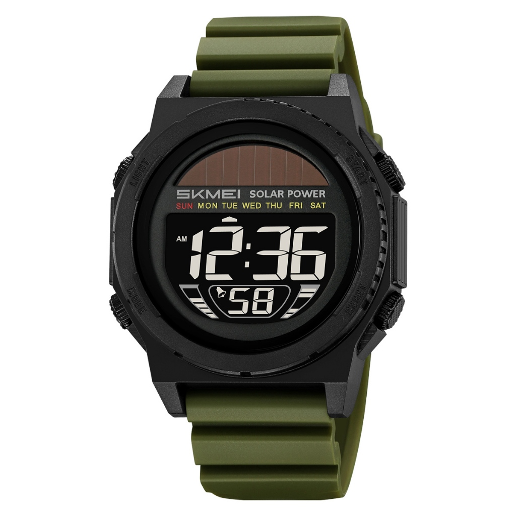 Skmei 2358 แฟชั่นกีฬาสันทนาการ Man กันน้ํา Chronograph Alarm วันที่ EL Light ABS Case TPU Strap Round Dial Design Male Solar Energy นาฬิกาข้อมือดิจิตอล