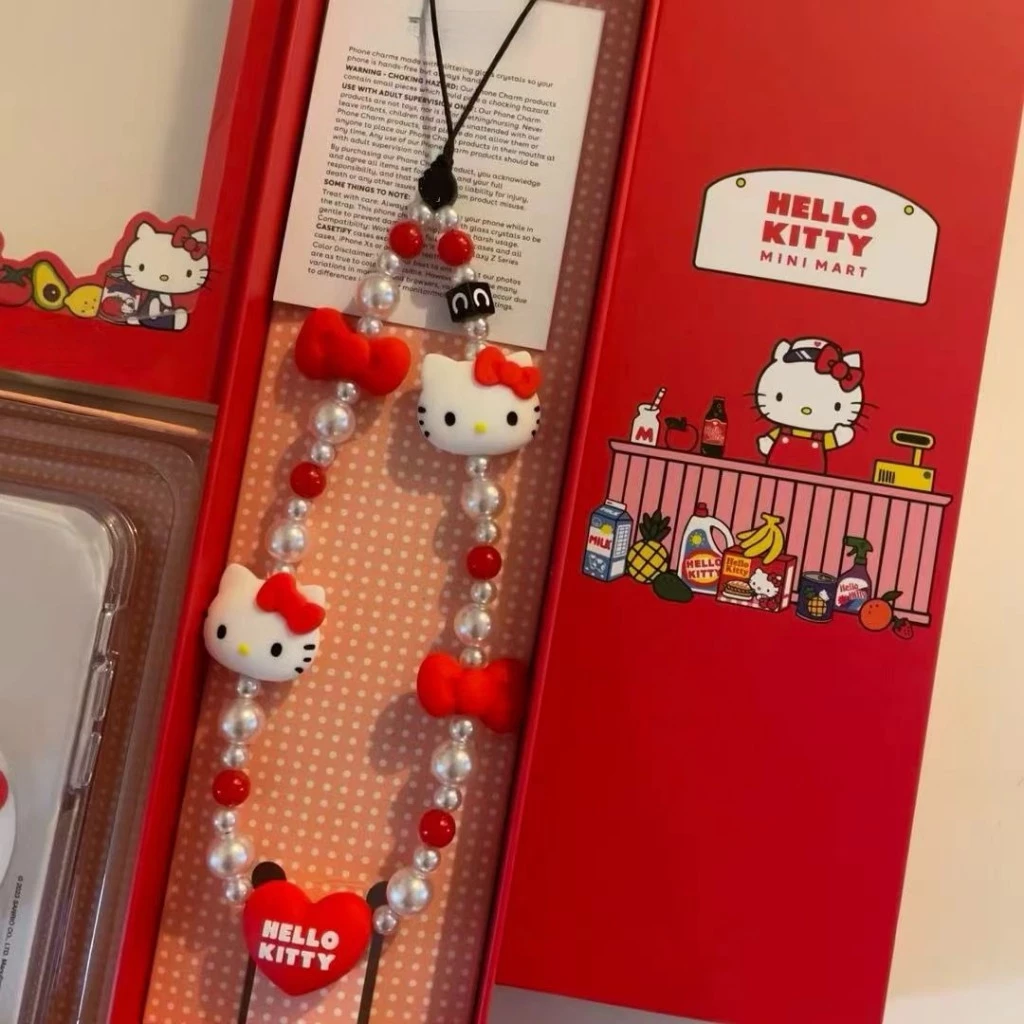 Kawaii Sanrio Mobile จี้ Hello Kitty Anti-lost Lanyard Key ข้อมือสั้นเชือกเครื่องประดับสีแดงพวงกุญแจอะนิเมะผู้หญิงมือถือโซ่