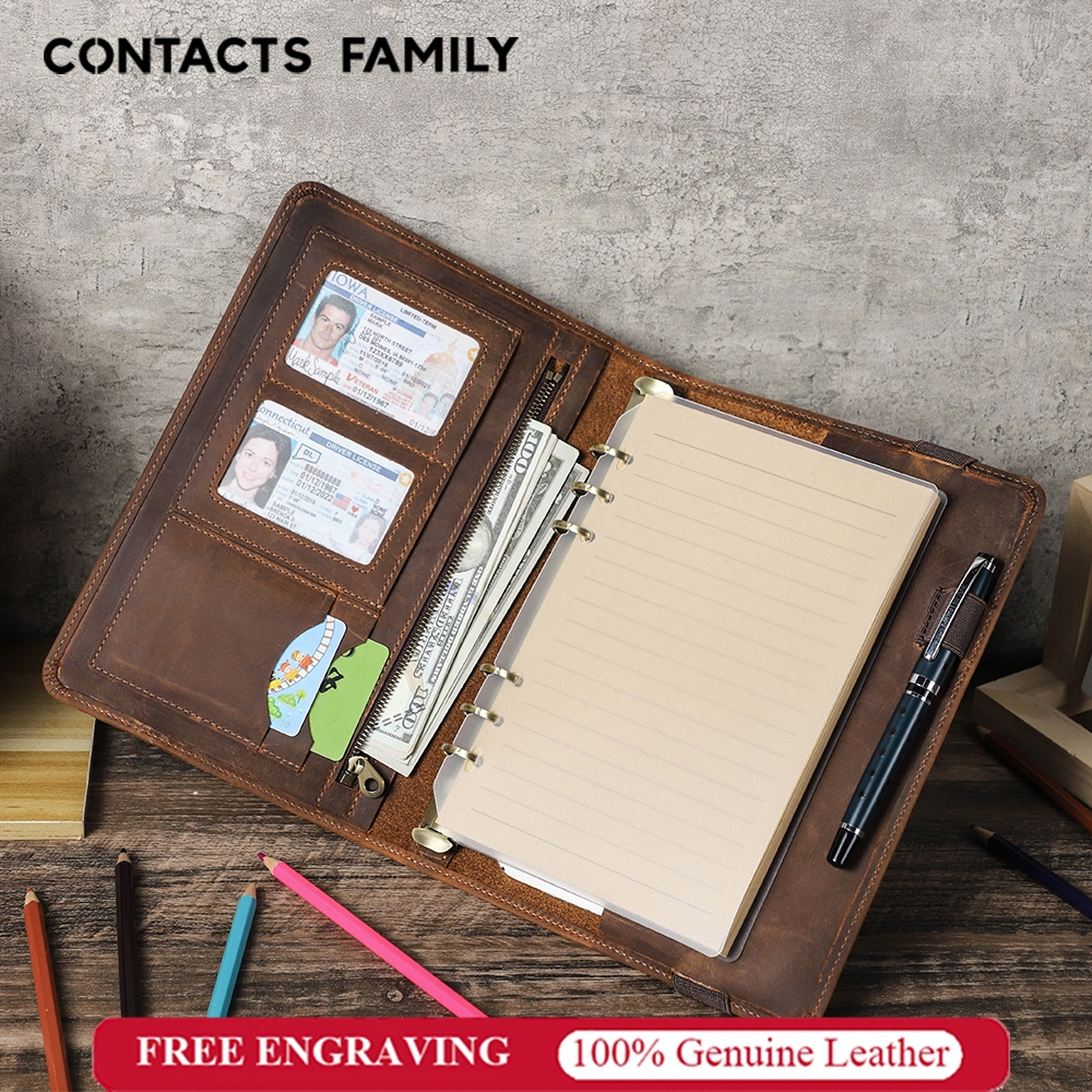 CONTACTS FAMILY สมุดโน๊ตหนัง A5 สไตล์วินเทจพร้อมแถบยางรัด ปกหนัง A5 พร้อมแฟ้ม 6 ห่วง