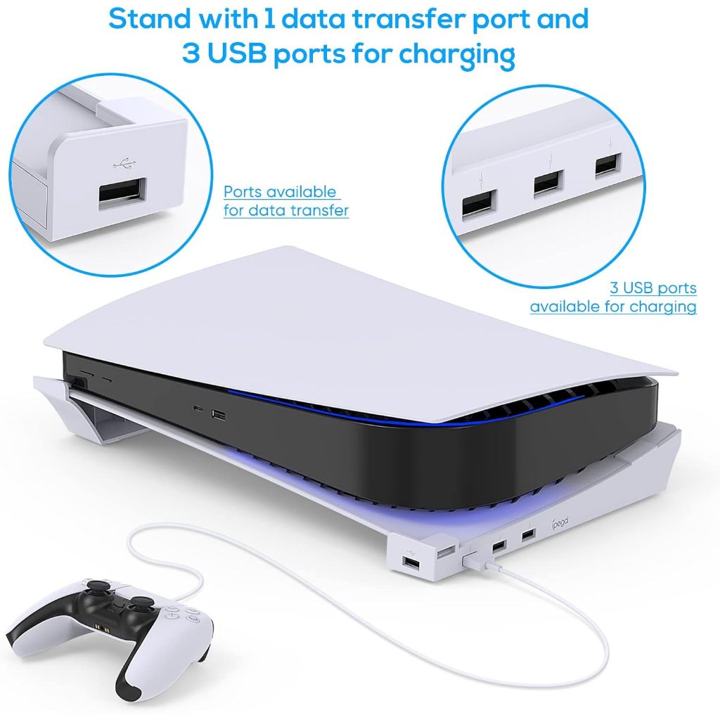 ขาตั้งแนวนอนสำหรับเครื่อง PS5 พร้อมพอร์ต USB 4 ช่อง ขาตั้งด้านข้างสำหรับ PlayStation 5 รุ่นดิสก์และดิจิตอล พร้อมฐานรองสำหรับชาร์จคอนโทรลเลอร์อย่างรวดเร็ว