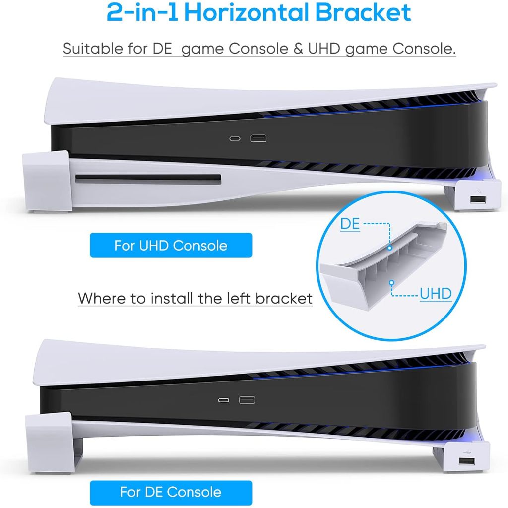ขาตั้งแนวนอนสำหรับเครื่อง PS5 พร้อมพอร์ต USB 4 ช่อง ขาตั้งด้านข้างสำหรับ PlayStation 5 รุ่นดิสก์และดิจิตอล พร้อมฐานรองสำหรับชาร์จคอนโทรลเลอร์อย่างรวดเร็ว
