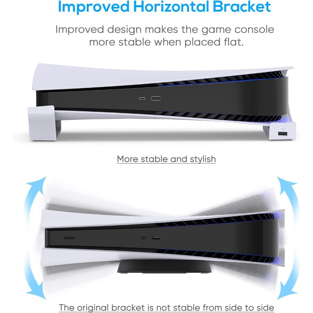 ขาตั้งแนวนอนสำหรับเครื่อง PS5 พร้อมพอร์ต USB 4 ช่อง ขาตั้งด้านข้างสำหรับ PlayStation 5 รุ่นดิสก์และดิจิตอล พร้อมฐานรองสำหรับชาร์จคอนโทรลเลอร์อย่างรวดเร็ว