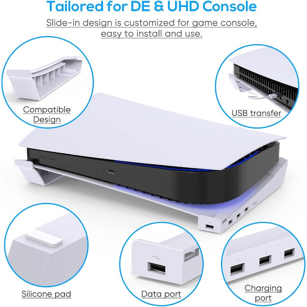 ขาตั้งแนวนอนสำหรับเครื่อง PS5 พร้อมพอร์ต USB 4 ช่อง ขาตั้งด้านข้างสำหรับ PlayStation 5 รุ่นดิสก์และดิจิตอล พร้อมฐานรองสำหรับชาร์จคอนโทรลเลอร์อย่างรวดเร็ว