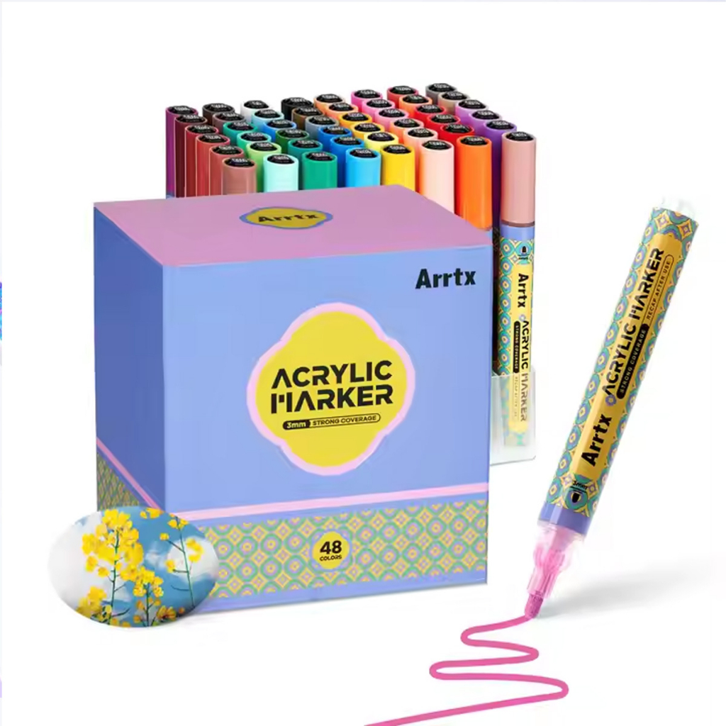 Arrtx 48 สี อะคริลิปากกาทาสี, ปากกามาร์คเกอร์ขนาดกลาง 3 mm Acrylic Paint Pens ปลอดสารพิษ