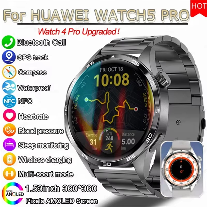 ใหม่สําหรับ Huawei นาฬิกา GT 5 Pro สมาร์ทนาฬิกาผู้ชาย AMOLED HD หน้าจอ GPS NFC เข็มทิศ BT Call กันน้ํากลางแจ้งกีฬา Smartwatch 2024