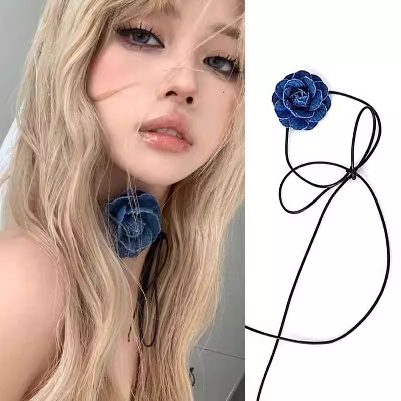 สร้อยคอดอกเคมีเลียสายโชคเกอร์ผ้ายีนส์ฝรั่งเศสกุหลาบสีฟ้าสําหรับผู้หญิง