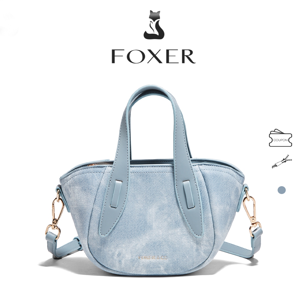 FOXER กระเป๋าถือแฟชั่นสตรีหนังแท้กระเป๋าสะพายข้างสีน้ำเงิน