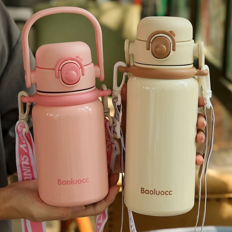 600มิลลิลิตร/800มิลลิลิตรสแตนเลส316ขวดความร้อนด้วยฟางแบบพกพาแฟชั่นน่ารักขวดความร้อนที่มีสายรัดผู้ใหญ่นักเรียนแก้ว