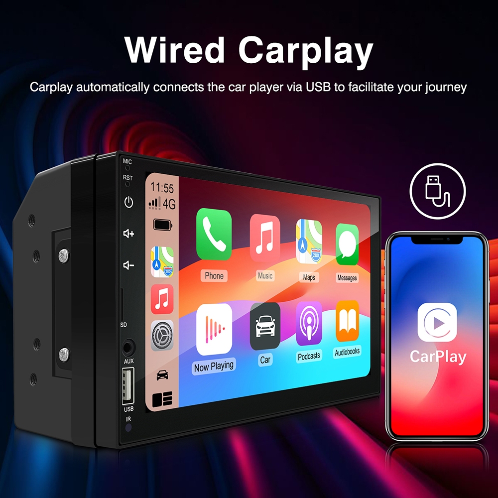 Universal 7 นิ้วหน้าจอสัมผัสเต็มรูปแบบ HD MP5 เครื่องเล่นมัลติมีเดียในรถยนต์พร้อม CarPlay Android Au