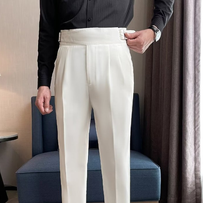 Meason ผู้ชาย gurkha pants เอวสูง หลวม เอวปรับได้ ผ้าไม่ต้องรีด สีขาว น้ำเงิน เทา ดำ 28-36ไซส์ A96