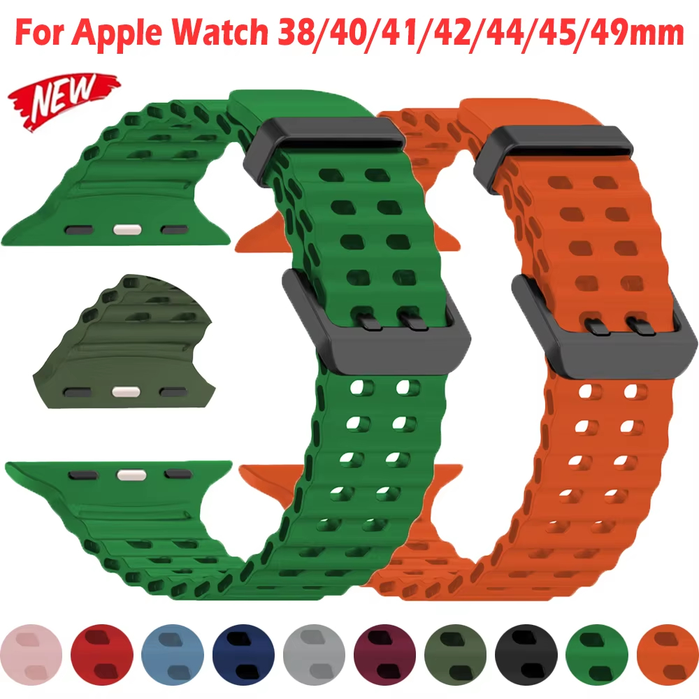 Ocean สายซิลิโคนสําหรับ Apple Watch 42 46 Ultra 49 มม.กีฬาสร้อยข้อมือระบายอากาศสําหรับ iWatch 10 9 8 5 2 4 1 SE 40 มม.สายรัดข้อมือ