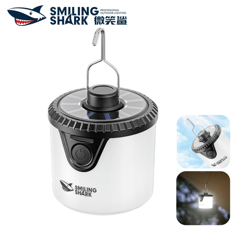 ยิ้ม Shark LY8259 LED Camping โคมไฟ Super Bright แสงสีขาว warm Light 12 โหมดพลังงานแสงอาทิตย์ Type-c ชาร์จตกปลากันน้ํา Camping