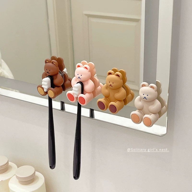 น่ารัก 3ง หมีซิลิโคนถ้วยดูดผู้ถือแปรงสีฟันหมัดฟรีห้องน้ําติดผนังการ์ตูนแปรงสีฟันชั้นเก็บ