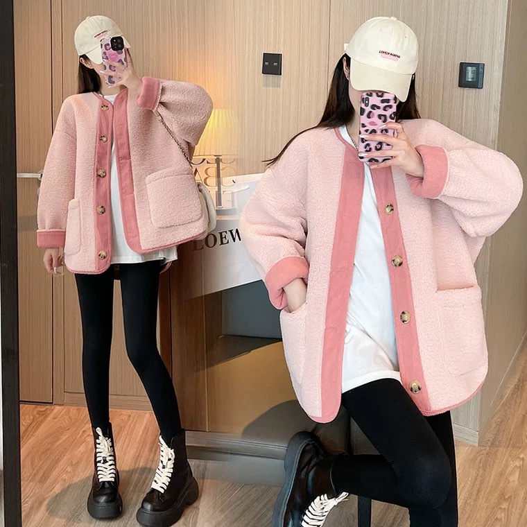 Du Yan Womens Coat ขนแกะหนาแขนยาวลําลองหลวมเรียบง่ายสีคมชัด Retro Chanel Coat