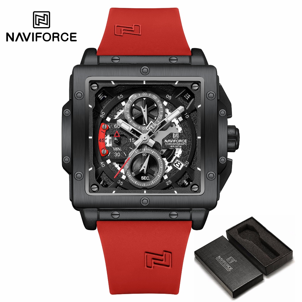 Naviforce 8064 ผู้ชายส่วนบุคคล Willow Studded ปฏิทินส่องสว่างนาฬิกาฟังก์ชั่นโครโนกราฟ
